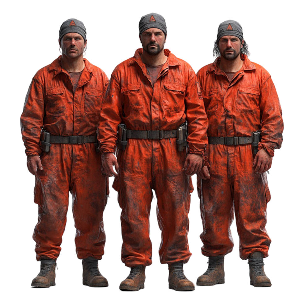 Three Men in Orange Overalls Standing Together on Transparent Background png