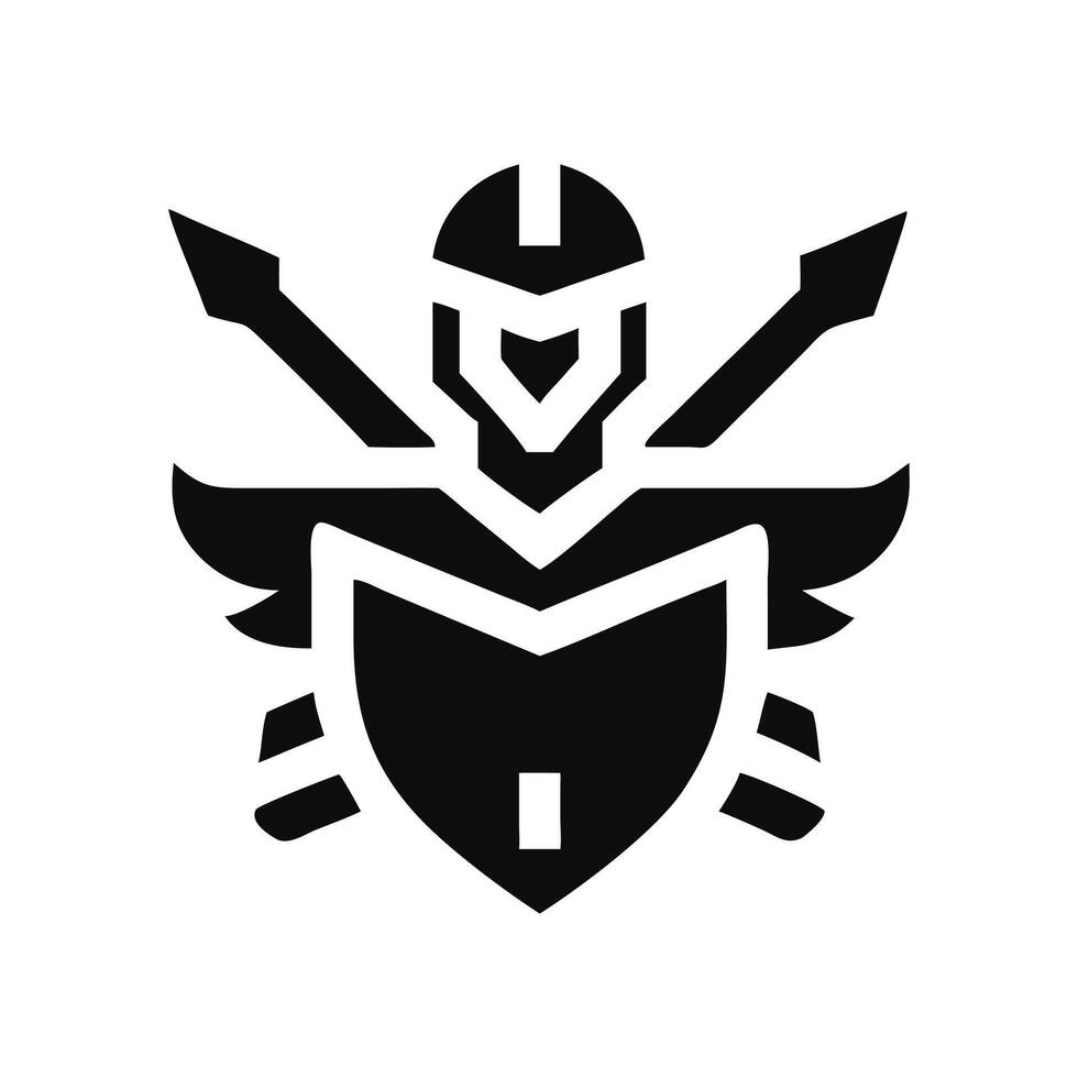 A black and white logo of a knight with two swords vector