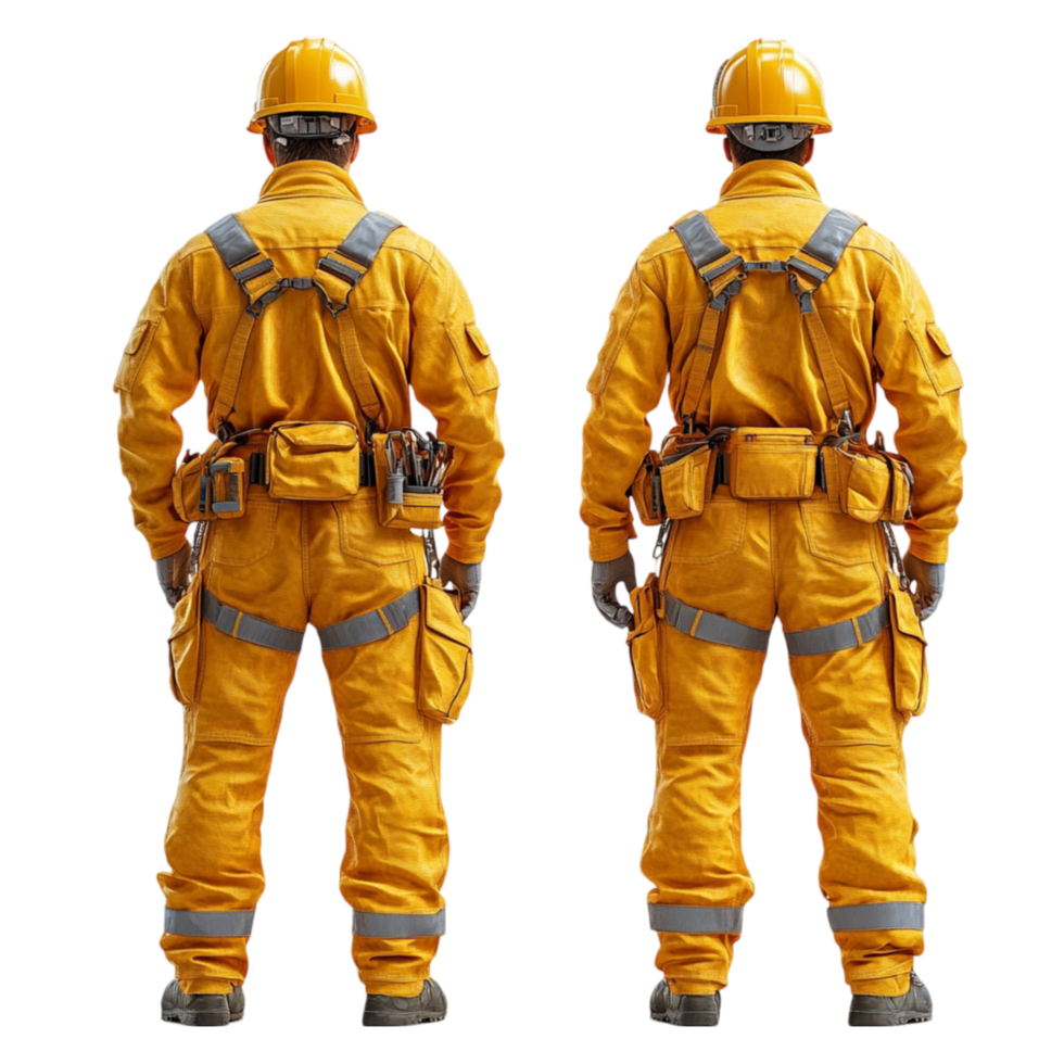 Two Men in Yellow Work Clothes Standing Side by Side on Transparent Background png