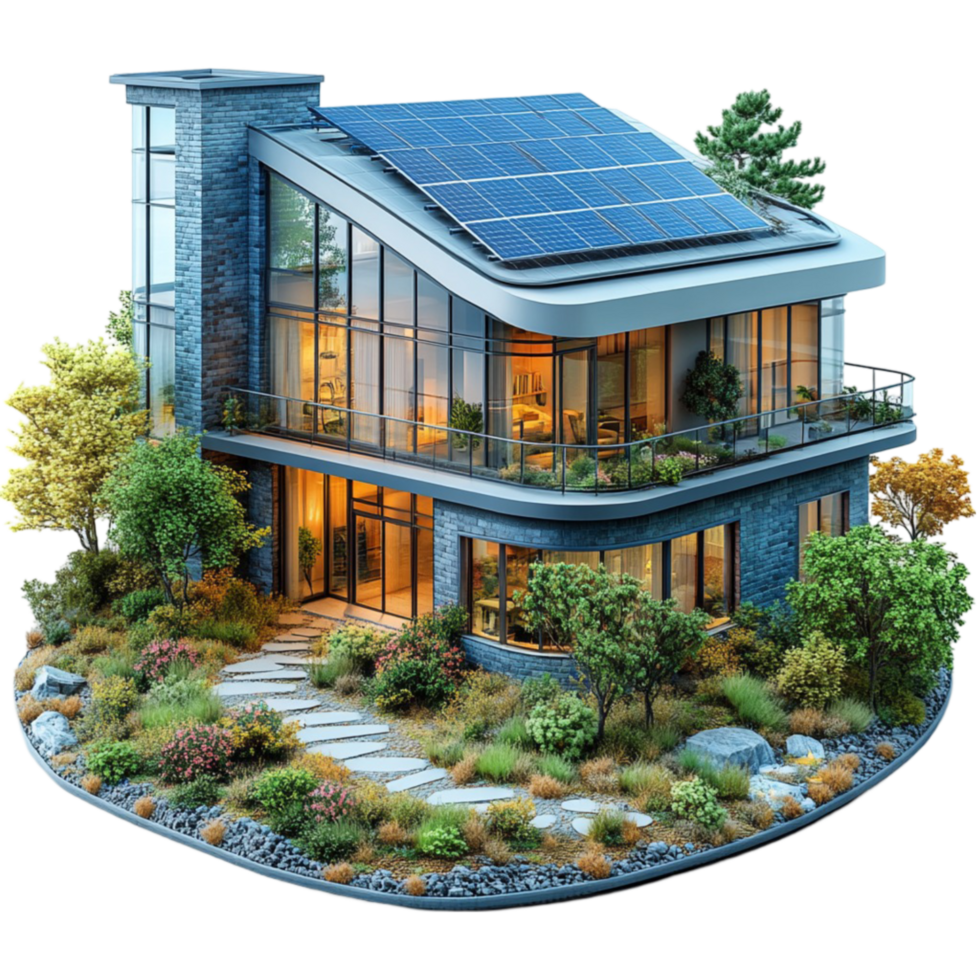 Modern House with Solar Panels on Roof, Isolated on Transparent Background png
