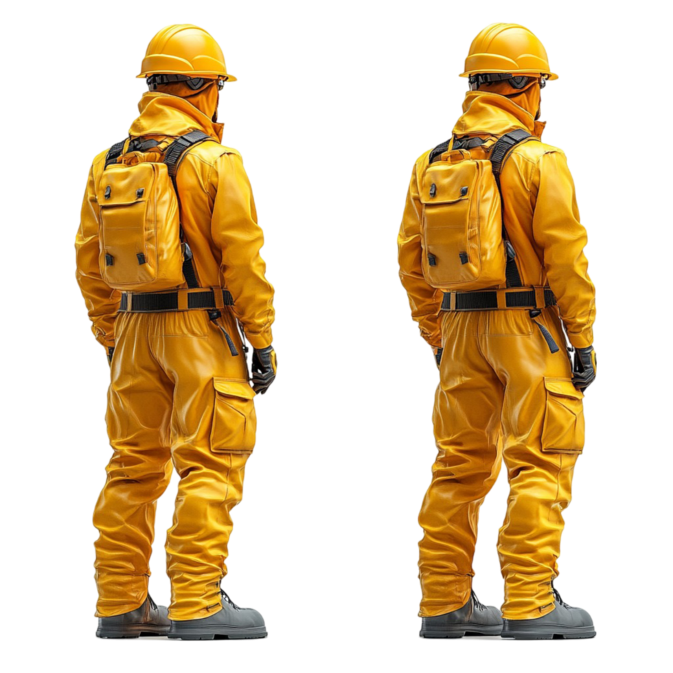 Two Yellow Fireman Suits with Helmets and Backpacks on Transparent Background png