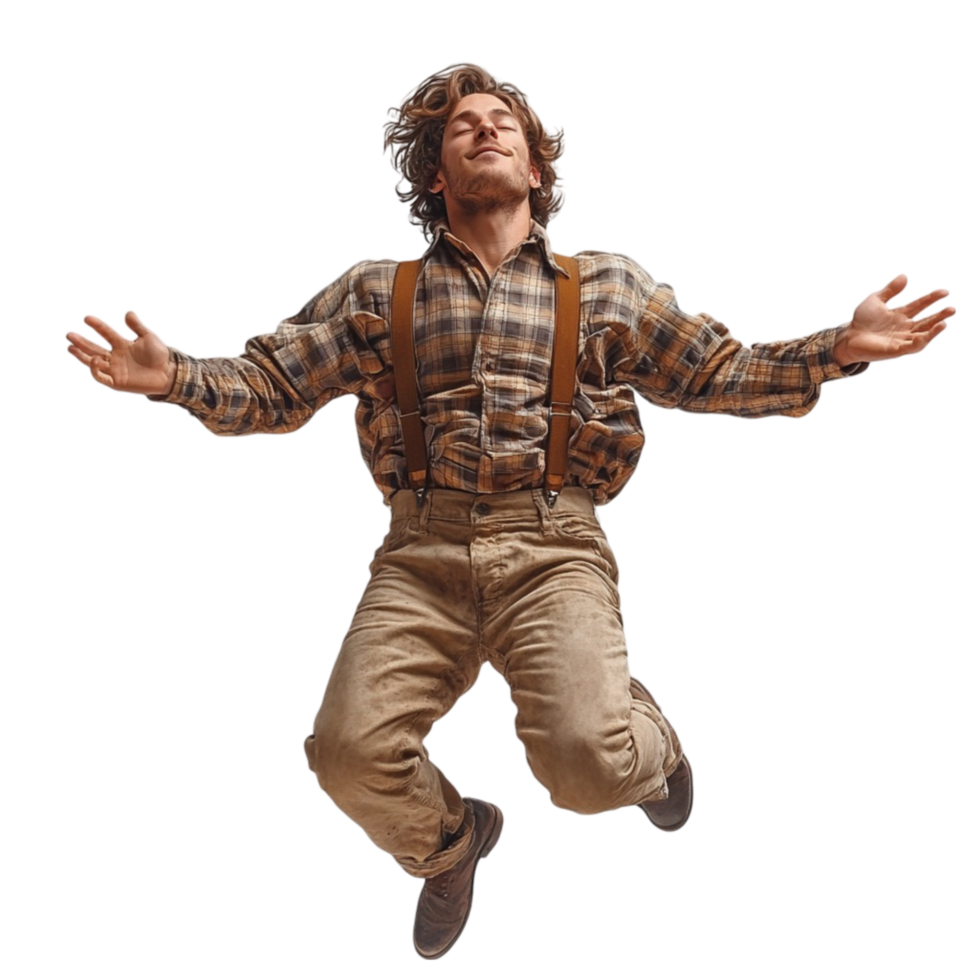 Man in Plaid Shirt and Suspenders Jumping on Transparent Background png