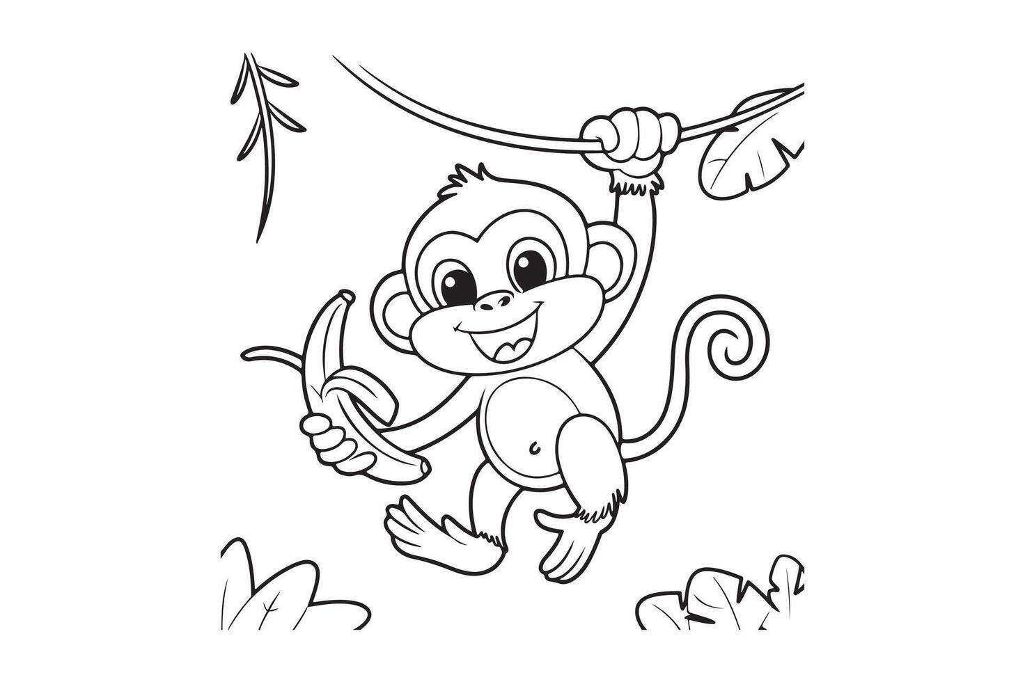 Cartoon Monkey with Banana Line Art vector