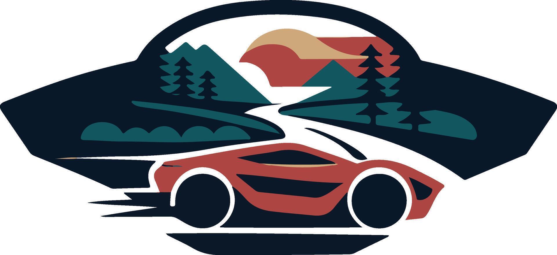 a car driving through the mountains and forest vector