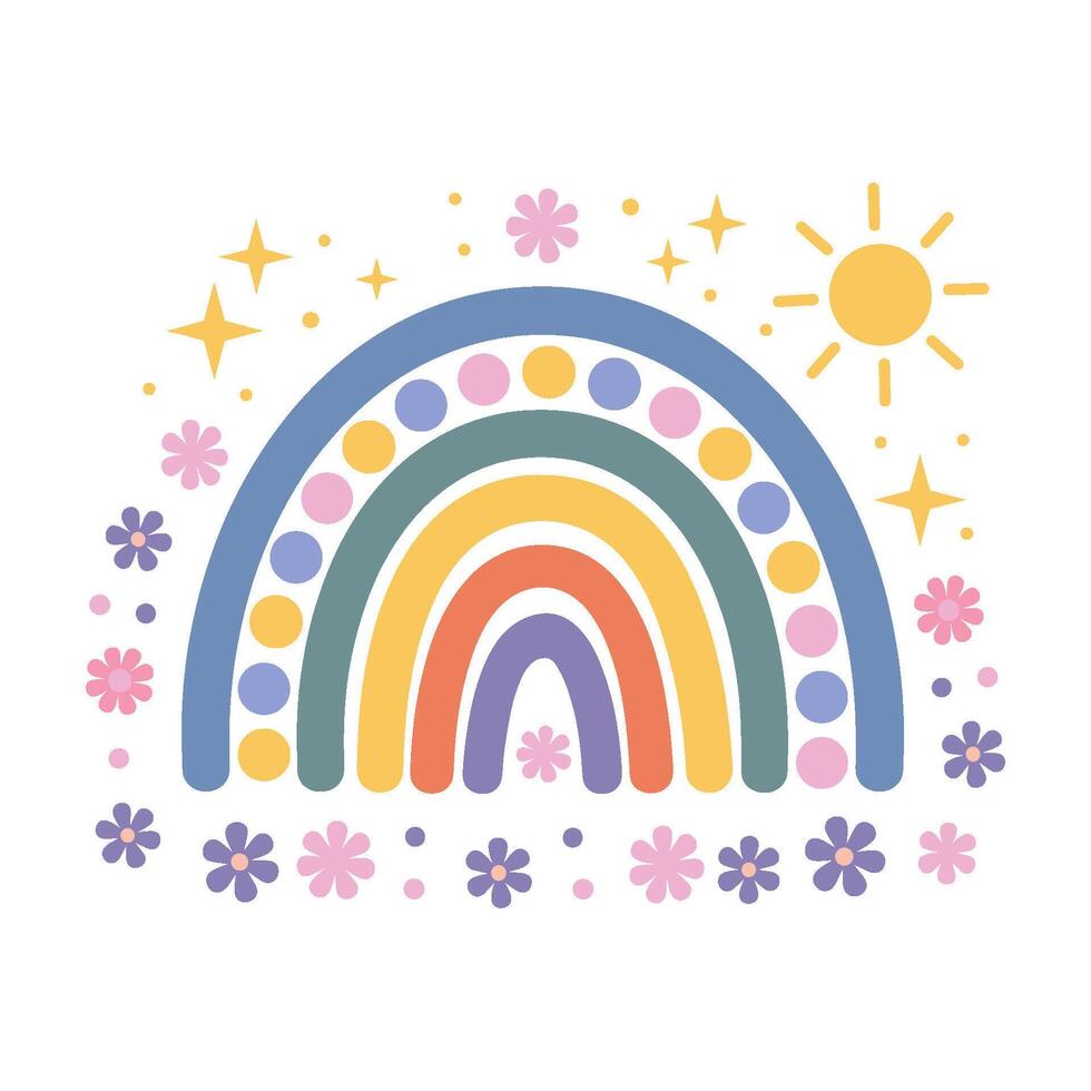 Colorful summer rainbow with a sun in the background and flowers vector