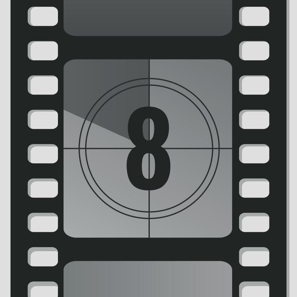 Countdown film strip frame with number eight. Retro cinema movie timer counter vector