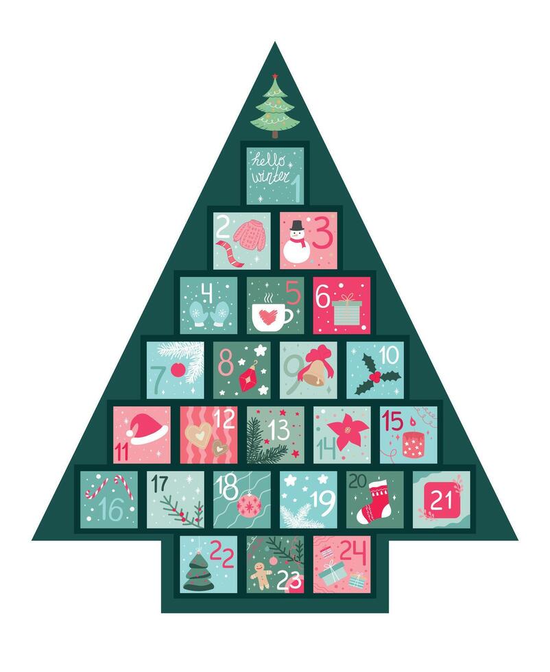 Christmas Advent Calendar for 24 days. Christmas decorations. Christmas tree shaped advent calendar vector