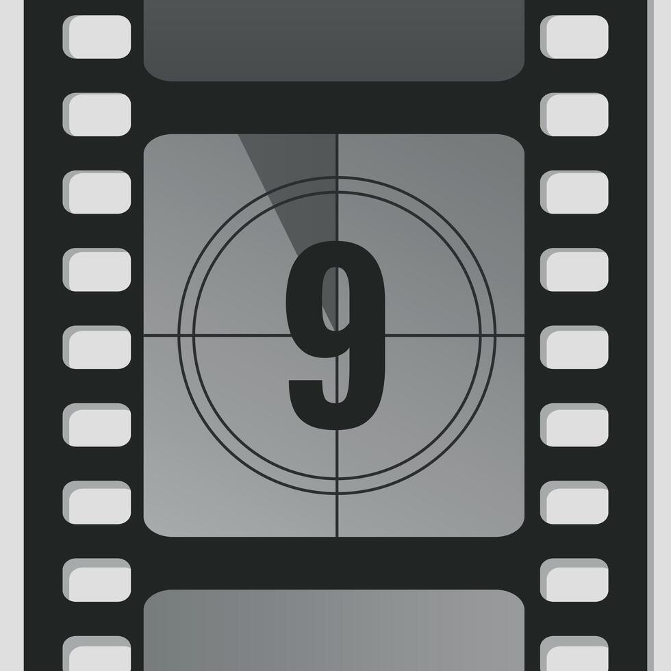 Countdown film strip frame with number nine. Retro cinema movie timer counter vector