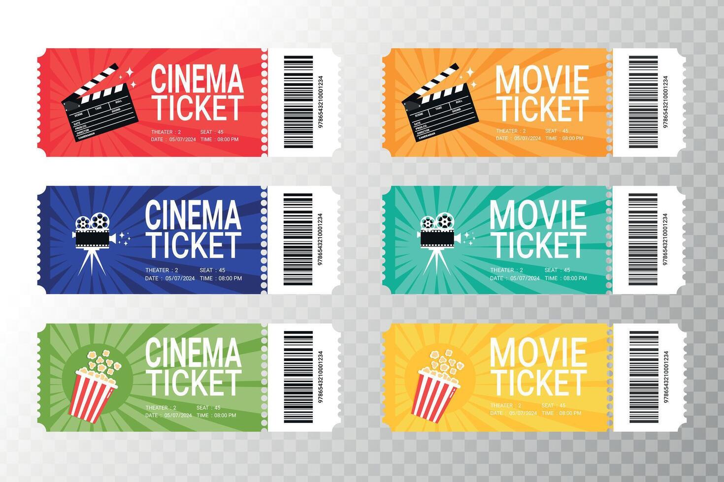 Modern movie or cinema tickets design set. Front view with barcode. Cinema ticket template vector