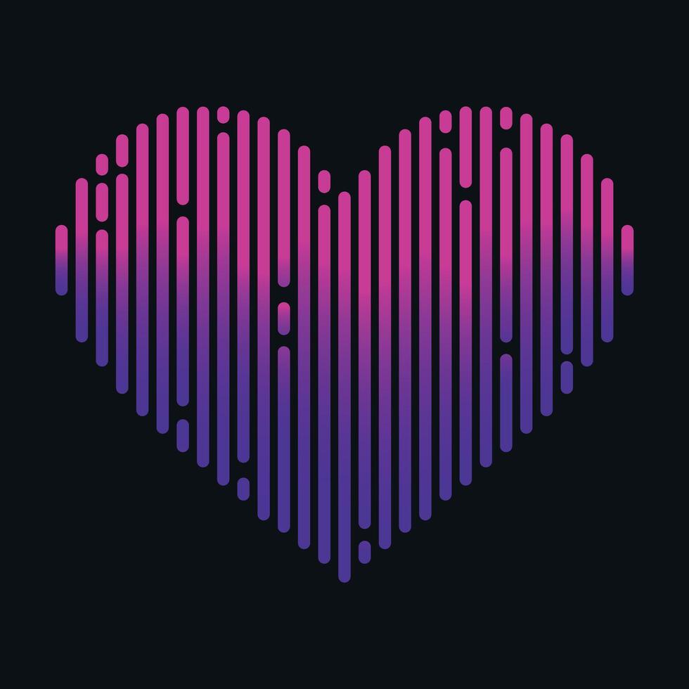 Gradient colored sound wave heart icon on black background. Music equalizer vector