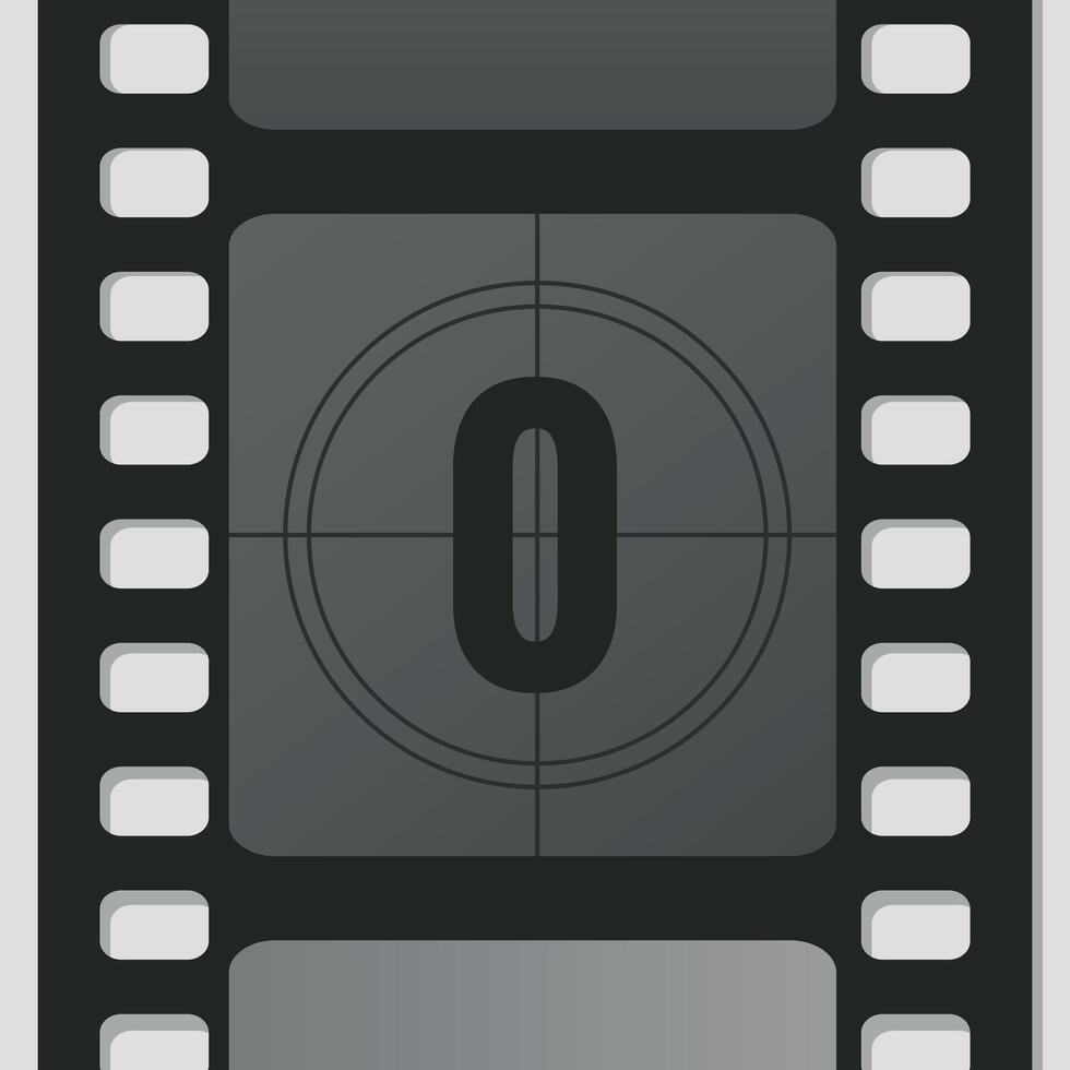 Countdown film strip frame with number zero. Retro cinema movie timer counter vector