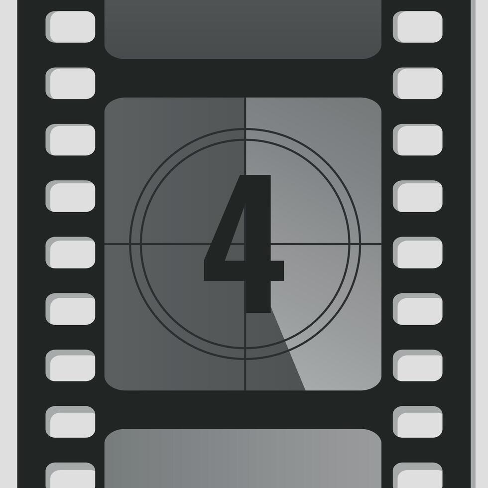 Countdown film strip frame with number four. Retro cinema movie timer counter vector