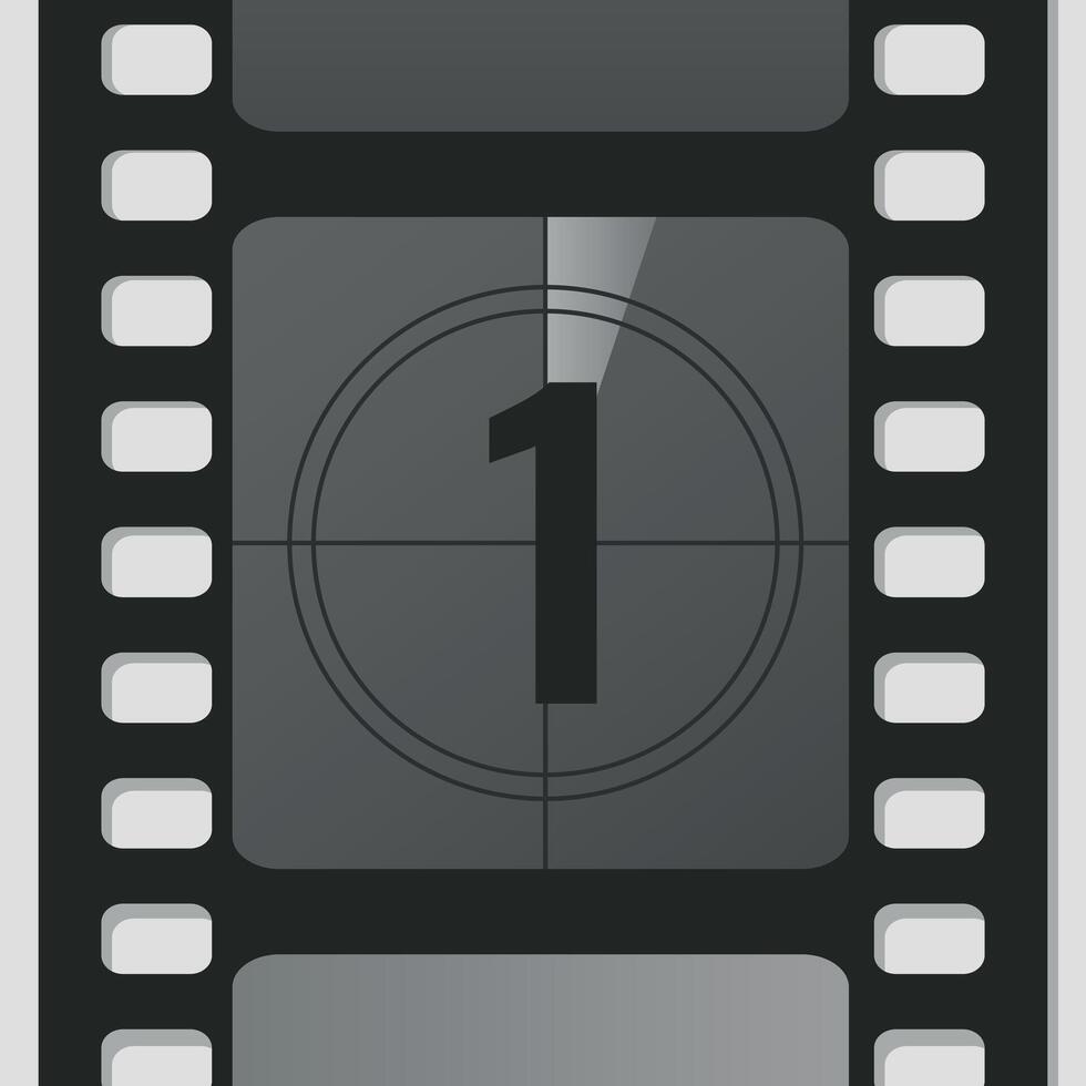 Countdown film strip frame with number one. Retro cinema movie timer counter vector