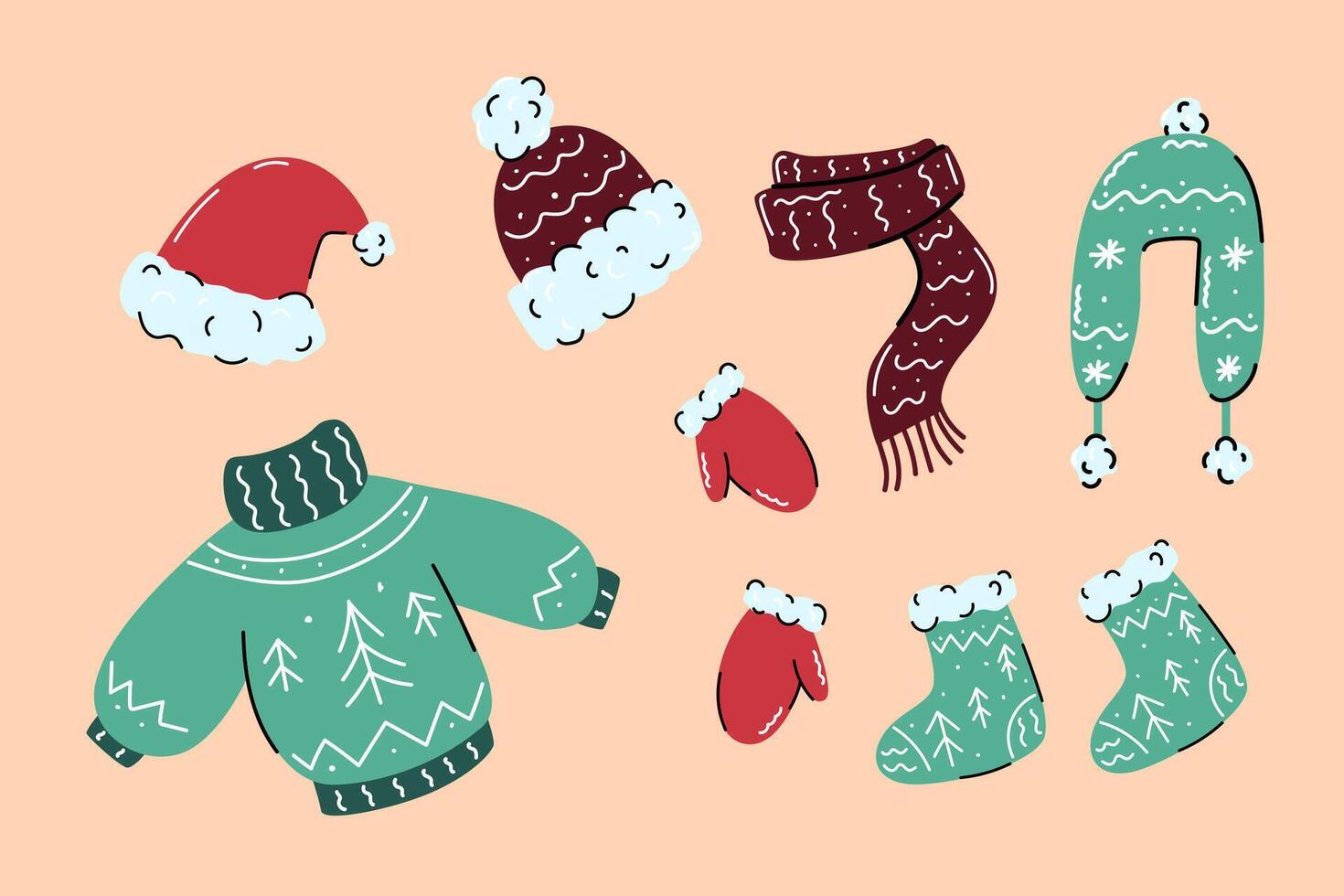 Winter set of warm, fashionable clothing scarf, mittens, socks, sweater, hat with Christmas trees vector