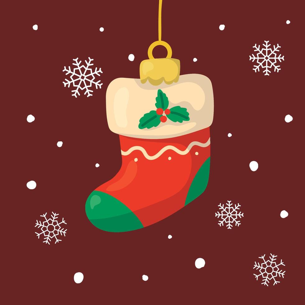 Christmas tree ornament in the shape of a stocking for gifts. Background with snowflakes. vector