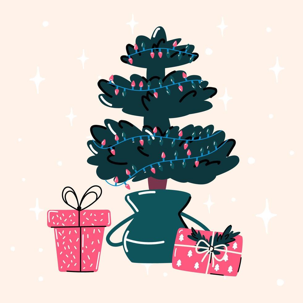 Christmas tree in a pot decorated with garlands. Gifts under the tree. Eco-friendly approach. vector