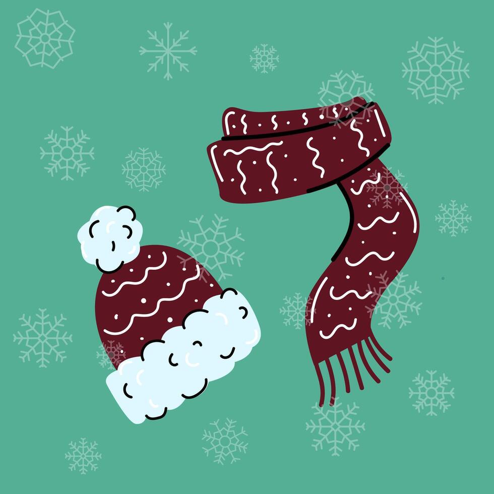 Winter warm scarf and hat with snowflakes. set illustration. vector