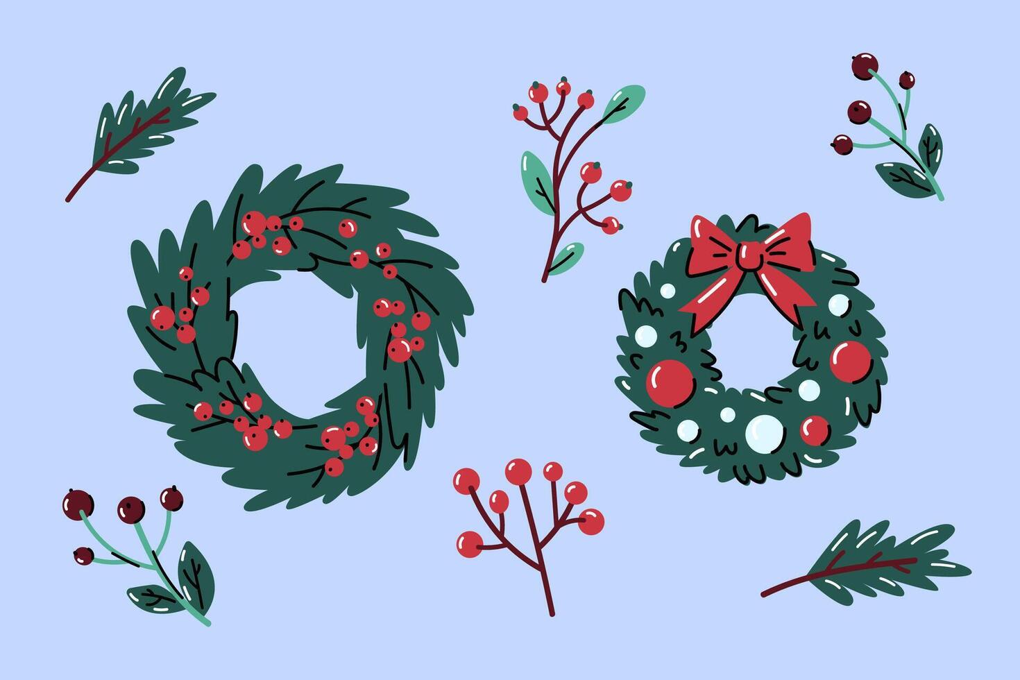 set of plant elements and Christmas wreaths. Bright festive traditional decorations. vector