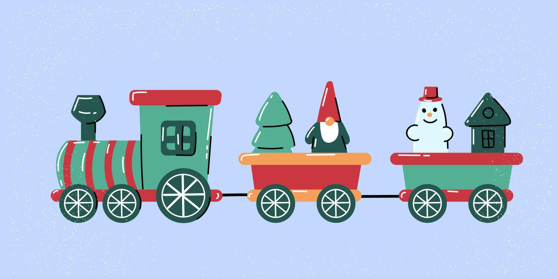 Festive decor train with a snowman and Christmas tree. Souvenir and gift for New Year and Christmas. vector