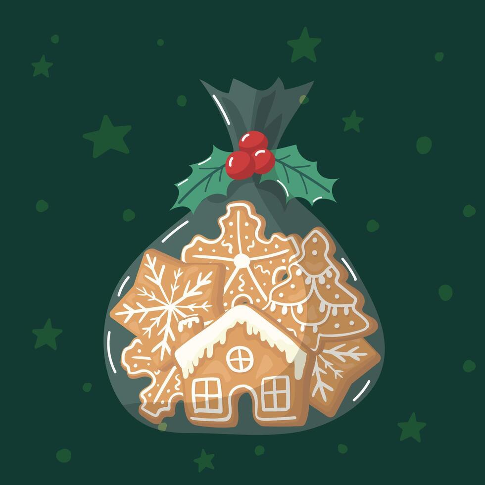 New Year gingerbread cookies in a clear bag. Christmas gift. illustration. vector