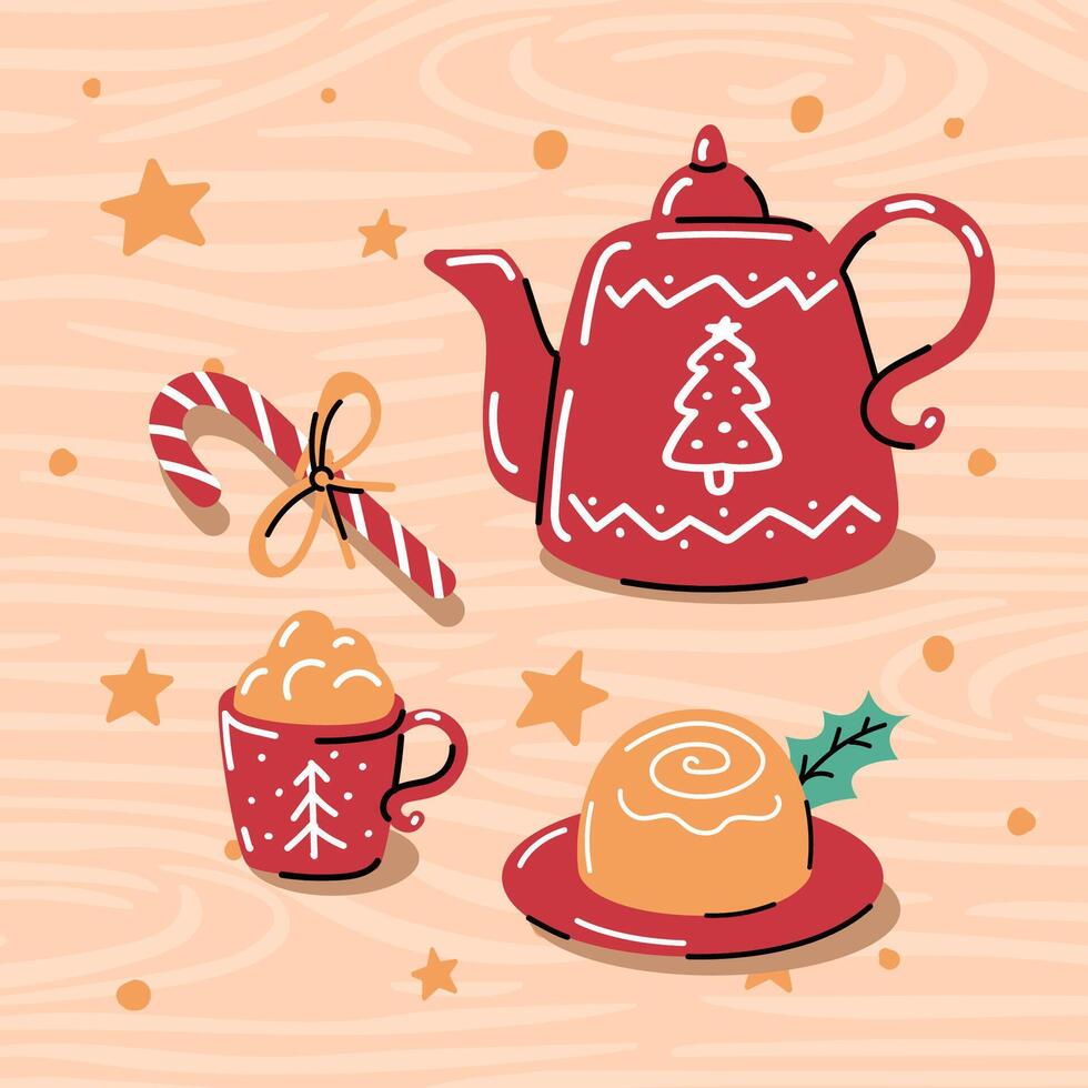 Teapot and mug with a warm drink. Tasty pastry and candy cane. Winter still life. vector