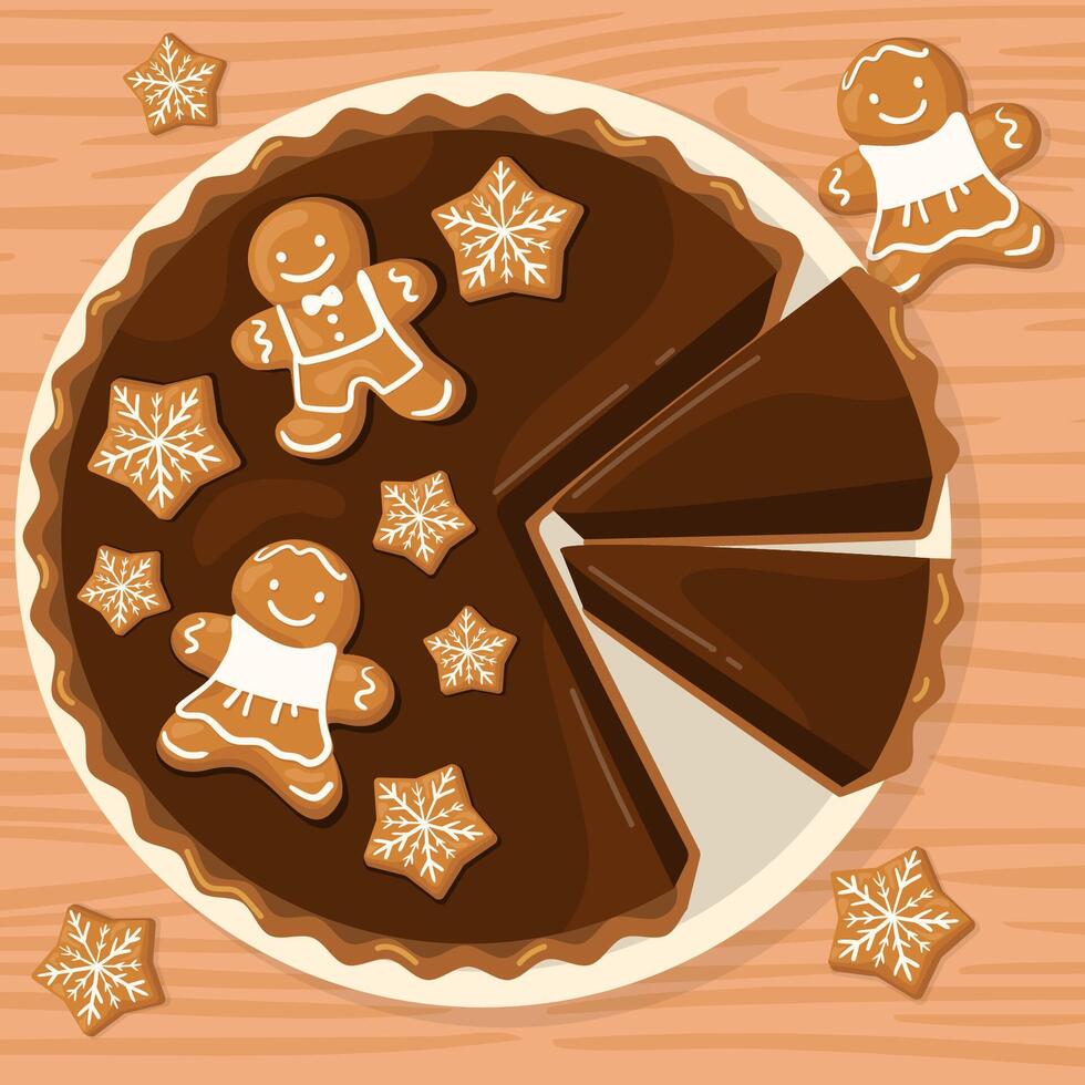 Chocolate Christmas cake with gingerbread men and cookies shaped stars on wooden table. Top view vector