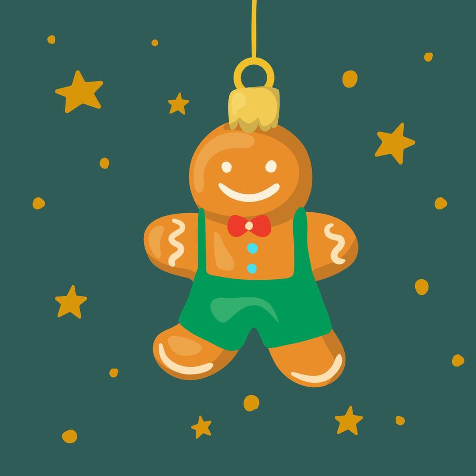 Retro Christmas tree ornament shaped like a gingerbread man. Gingerbread cookie. vector