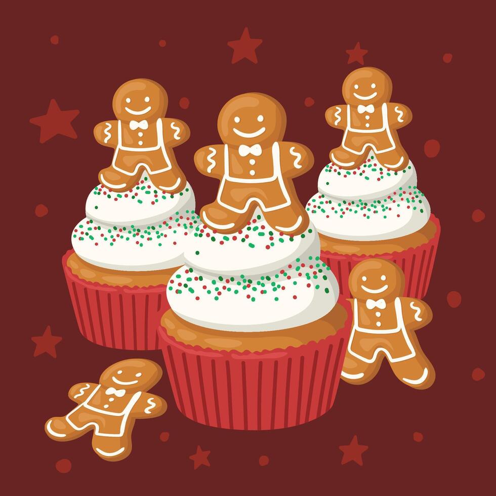 Set of Christmas cupcakes with gingerbread men. Bright illustration of desserts. vector