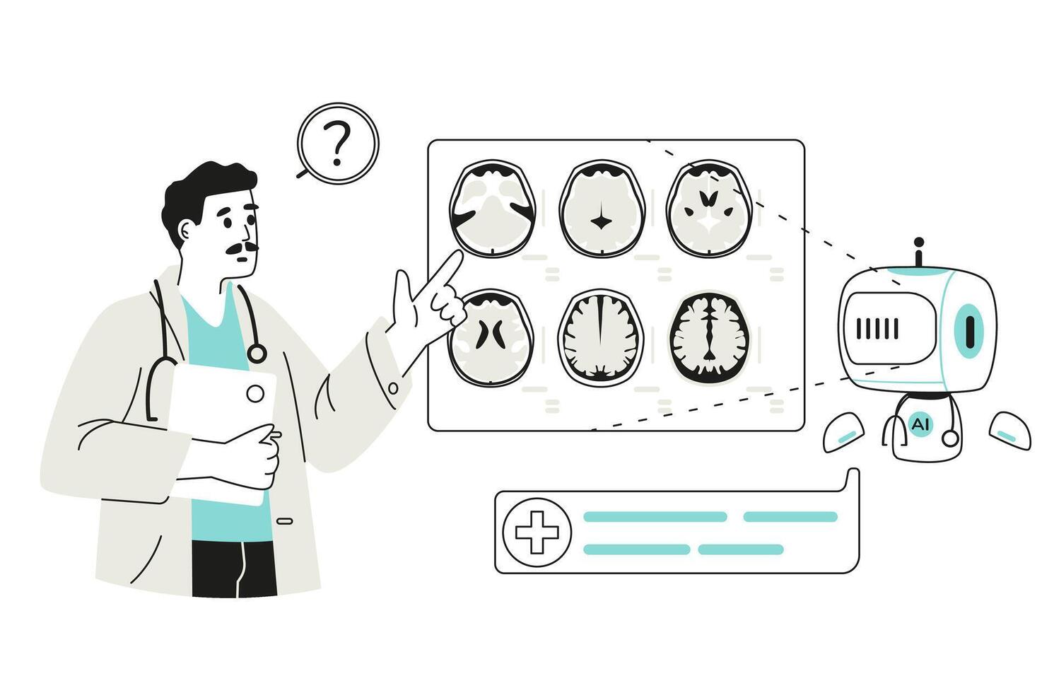 Artificial intelligence in medicine concept linear illustration isolated on white. Medical worker using AI for brain MRI scan analysis. vector