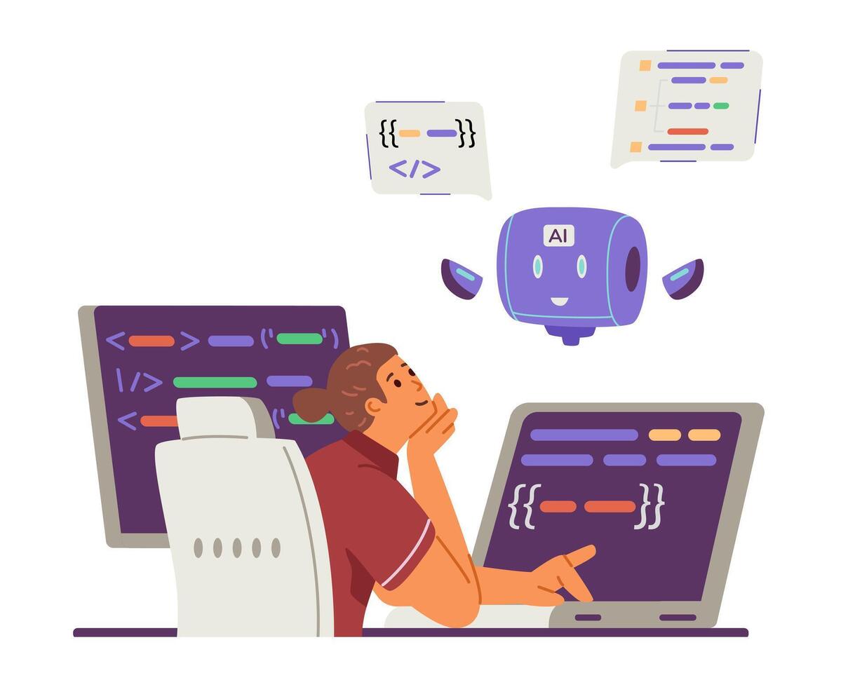 Man programmer interacting with artificial intelligence for code generation and editing flat concept illustration isolated on white. vector