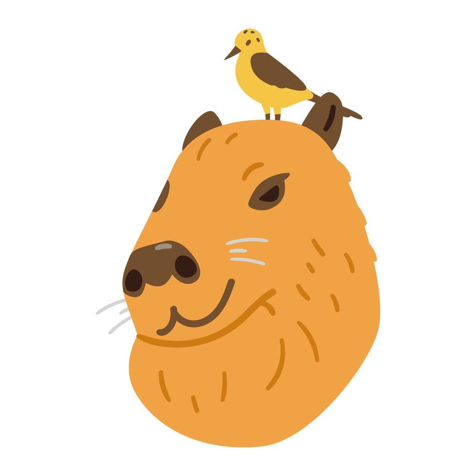 Cute satisfied capybara's head with little bird flat illustration isolated on white. vector