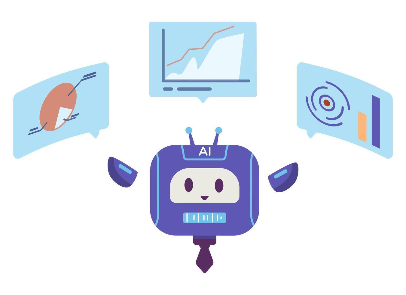 AI robot business analytic character with charts and graphs flat illustration isolated on white. vector