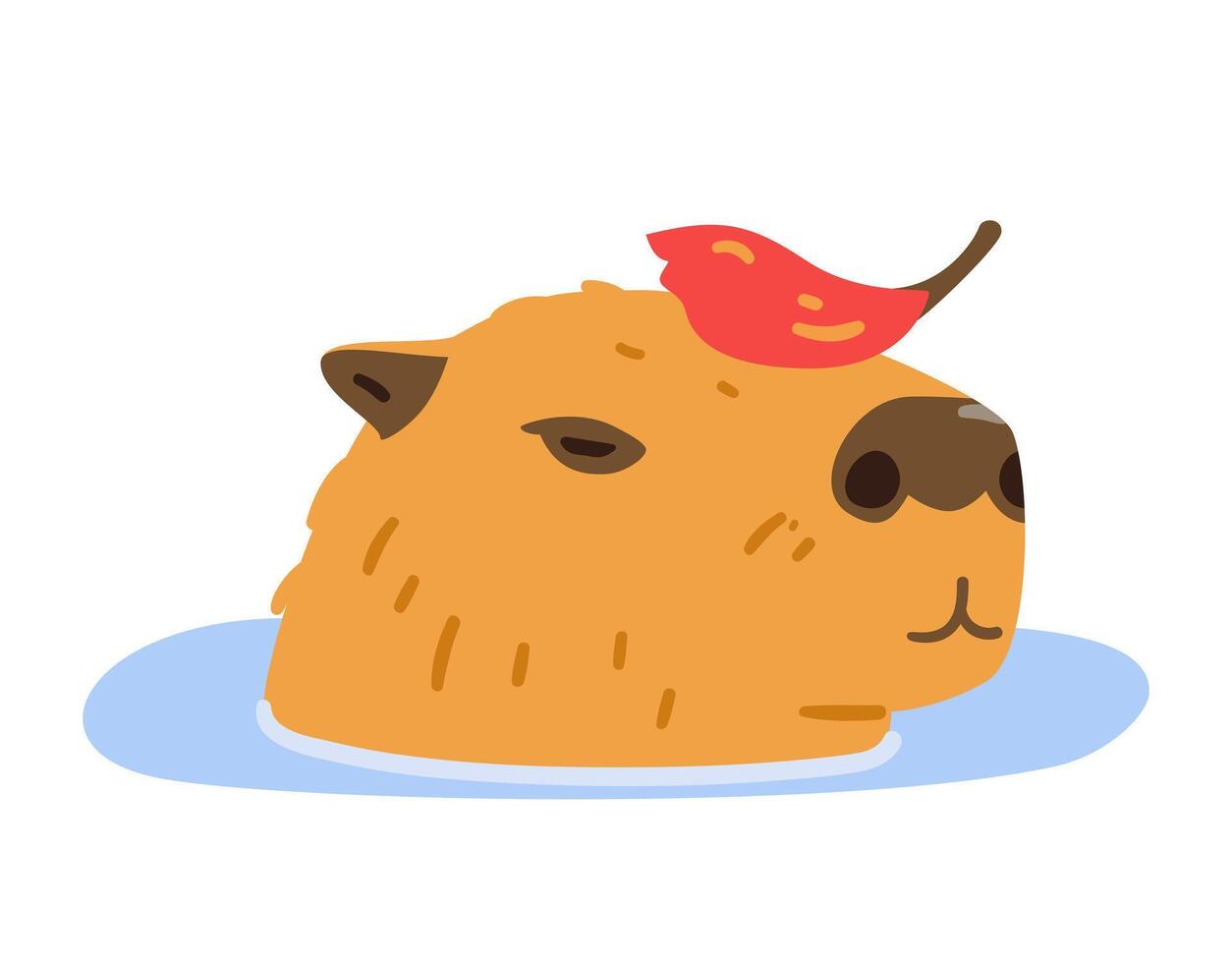 Capybara's head swimming with read autumn leaf flat illustration isolated on white. vector