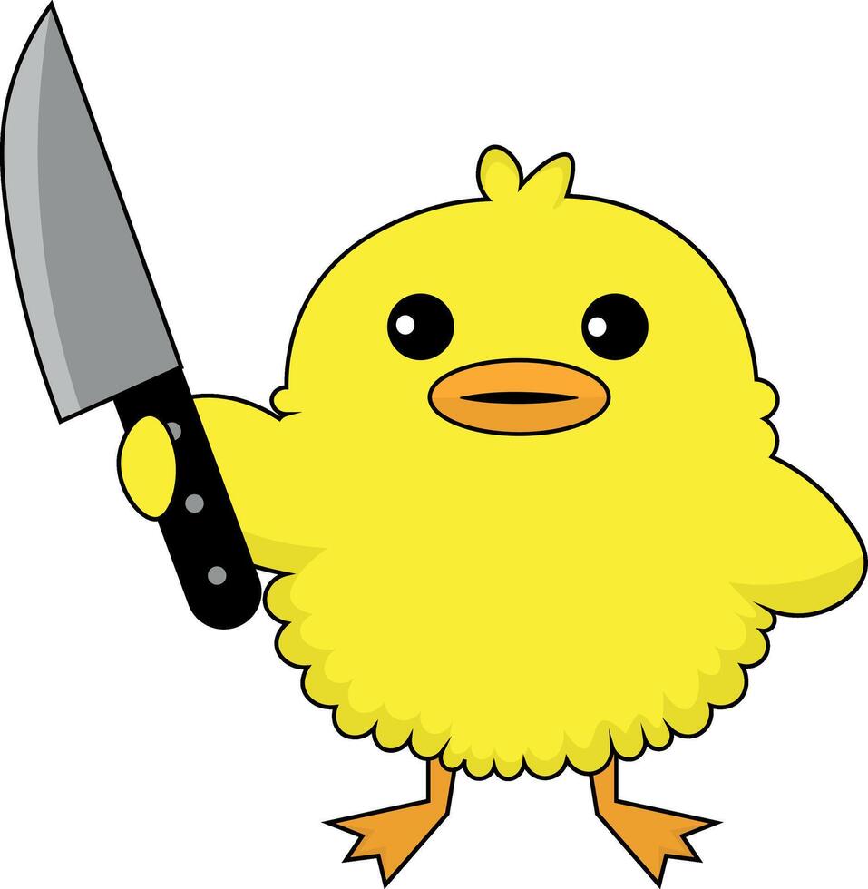 Chick with knife in hand, funny illustration, duckling with knife in wing, funny, yellow vector