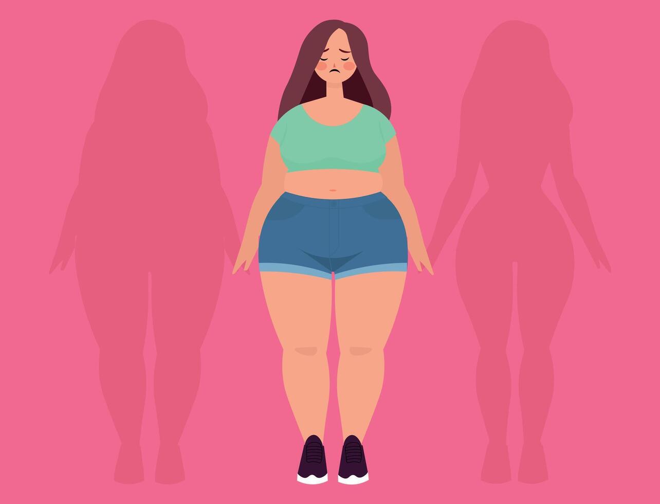 Fat woman, with shadow before and after, thin and fat shadow behind vector