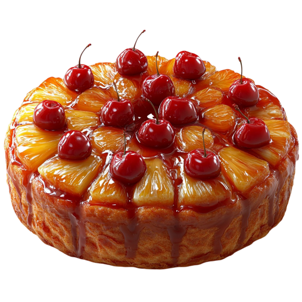 Pineapple Upside Down Cake with Cherries on Top Isolated on Transparent Background png