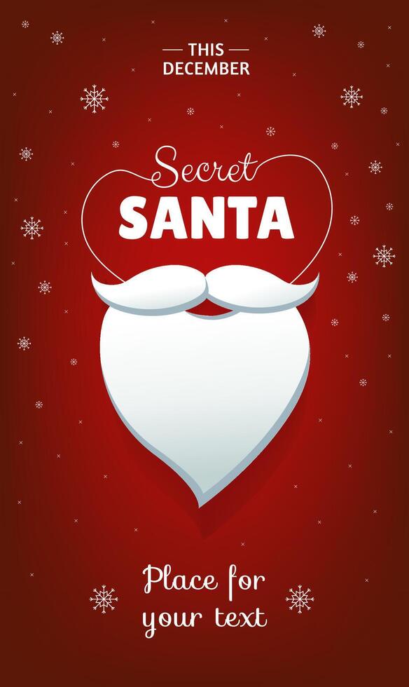 Secret Santa vertical banner design template with white beard and snowflakes on red background vector
