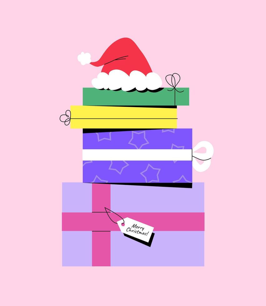 A stack of Christmas presents with a Santa Claus hat on top. Greeting text on the tag ''Merry Christmas''. Trendy illustration for holiday invitations, posters, or banners vector