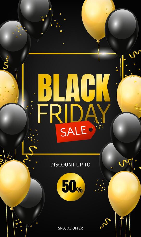 Black Friday sale banner design concept. Glossy balloons with golden text and confetti on black background vector