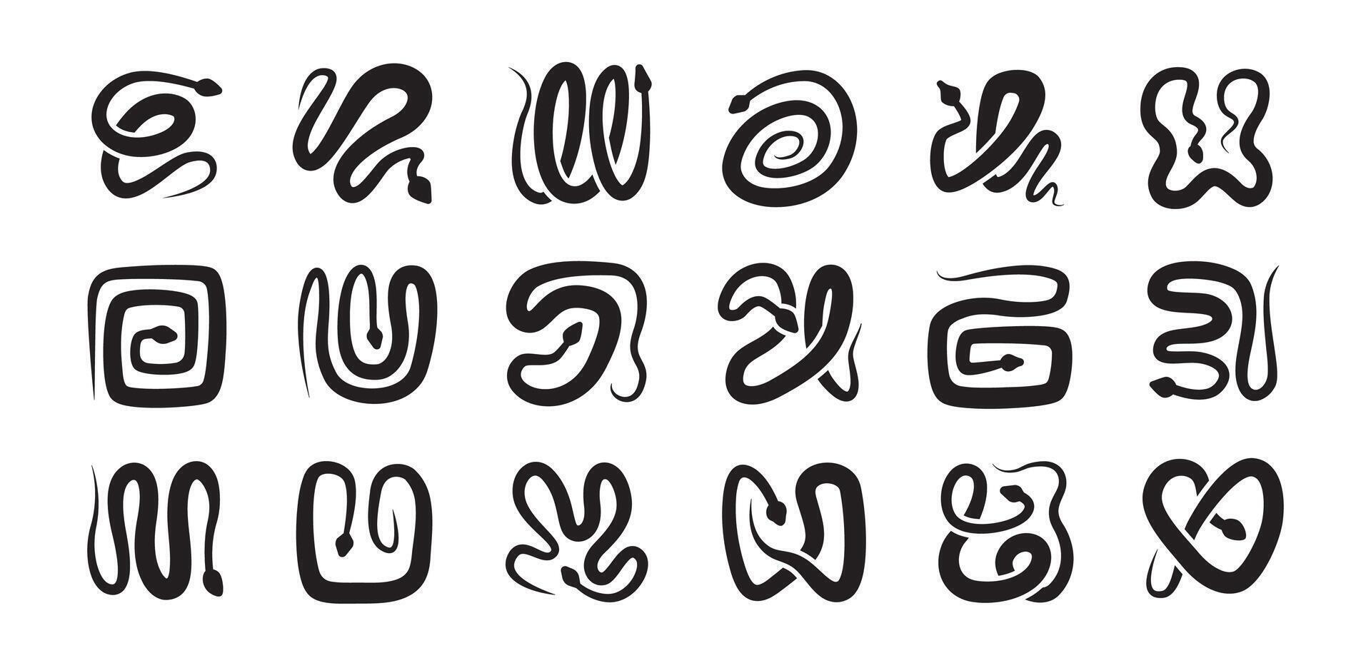 Set of snake silhouettes isolated on white background. Square tiles with snakes in different poses. Modern reptile illustration vector