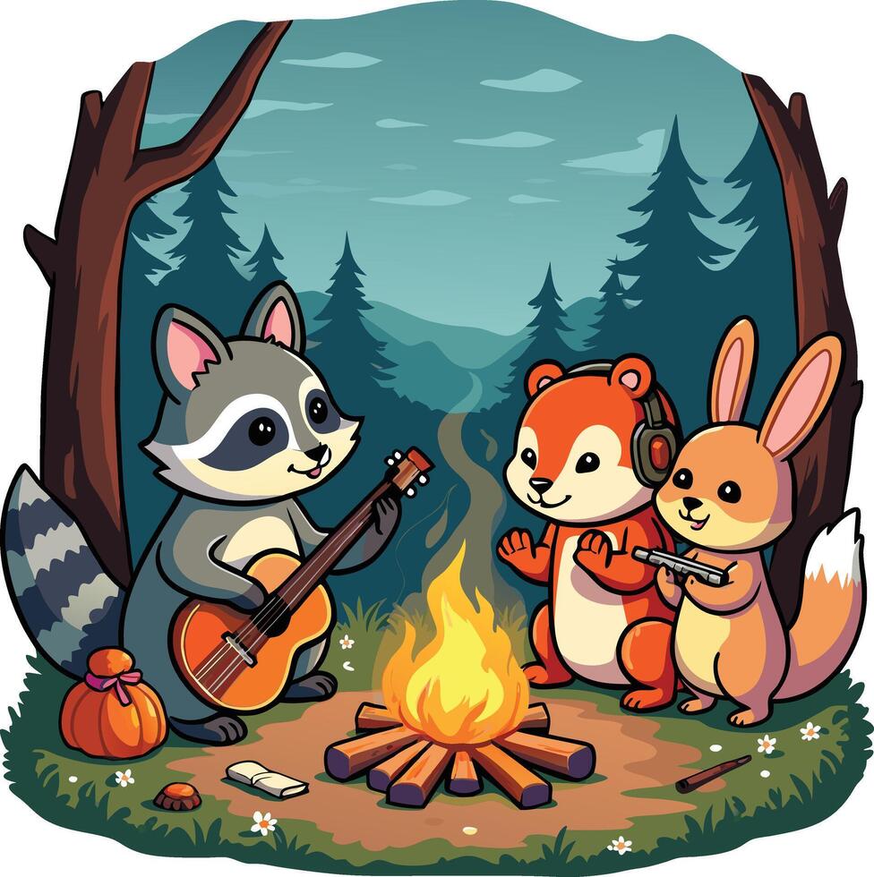 Cartoon animals playing music by the campfire vector