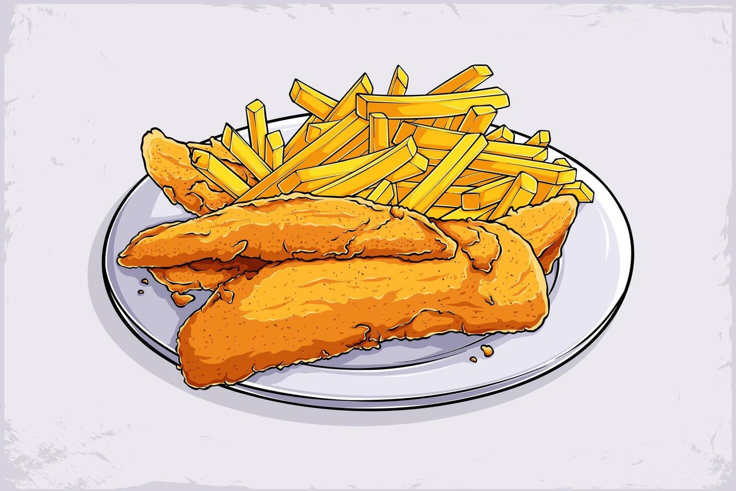 Hand drawn white dinner plate with crispy golden French fries and fried chicken nuggets isolated vector