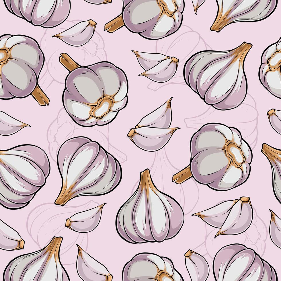 Hand drawn seamless pattern of organic fresh whity purple garlic with cloves , good for health vector