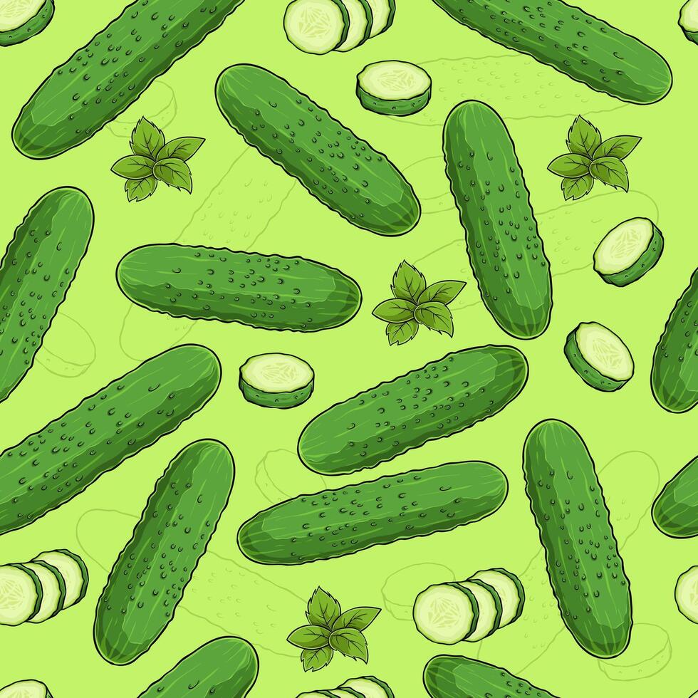 Hand drawn seamless pattern of fresh healthy full and sliced green cucumber and green leaves vector