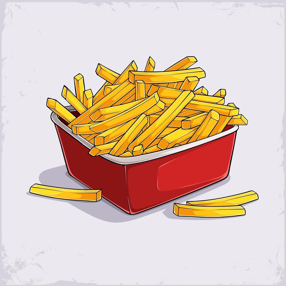 Hand drawn big sized red box full with unhealthy but tasty fried yellow French fries ready to eat vector