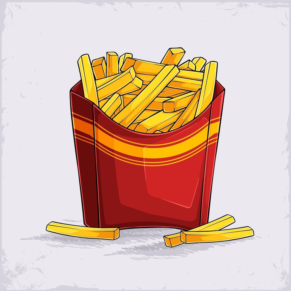 Hand drawn medium sized red box full with unhealthy but tasty yellow French fries ready to eat vector