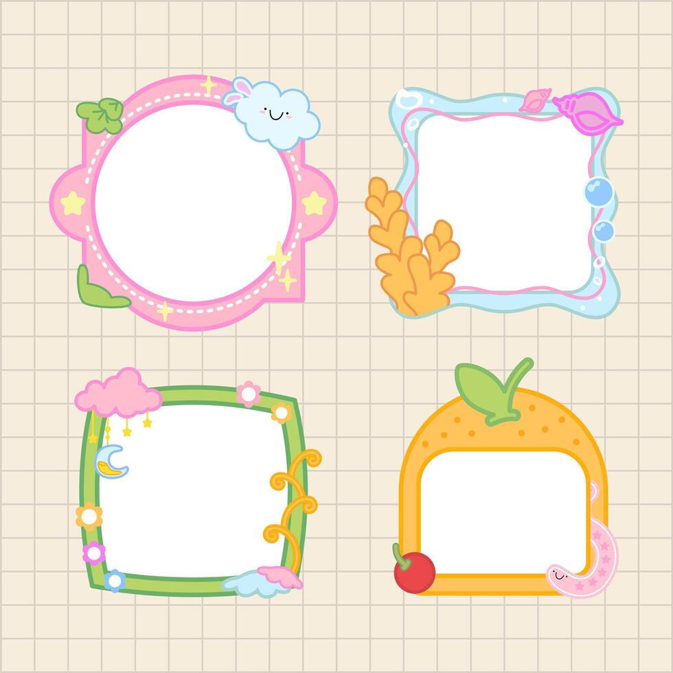 cute cloud, fruit and sea shell bullet journal frame decoration pack vector