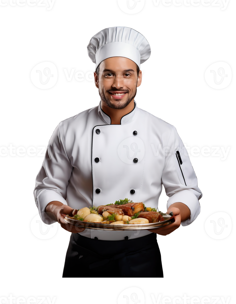 A male chef holding a plate with food png