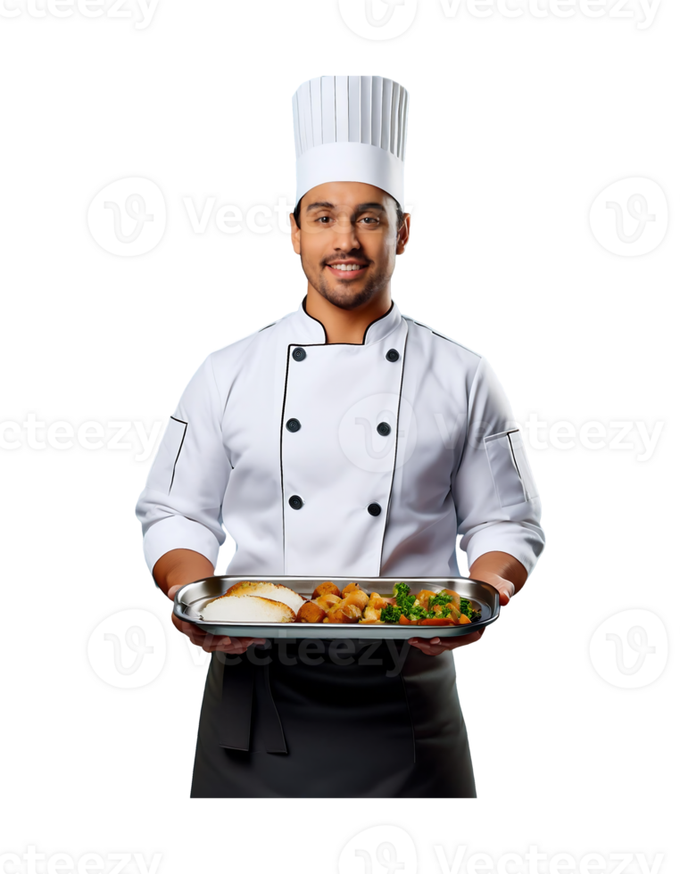 A male chef holding a tray with food png