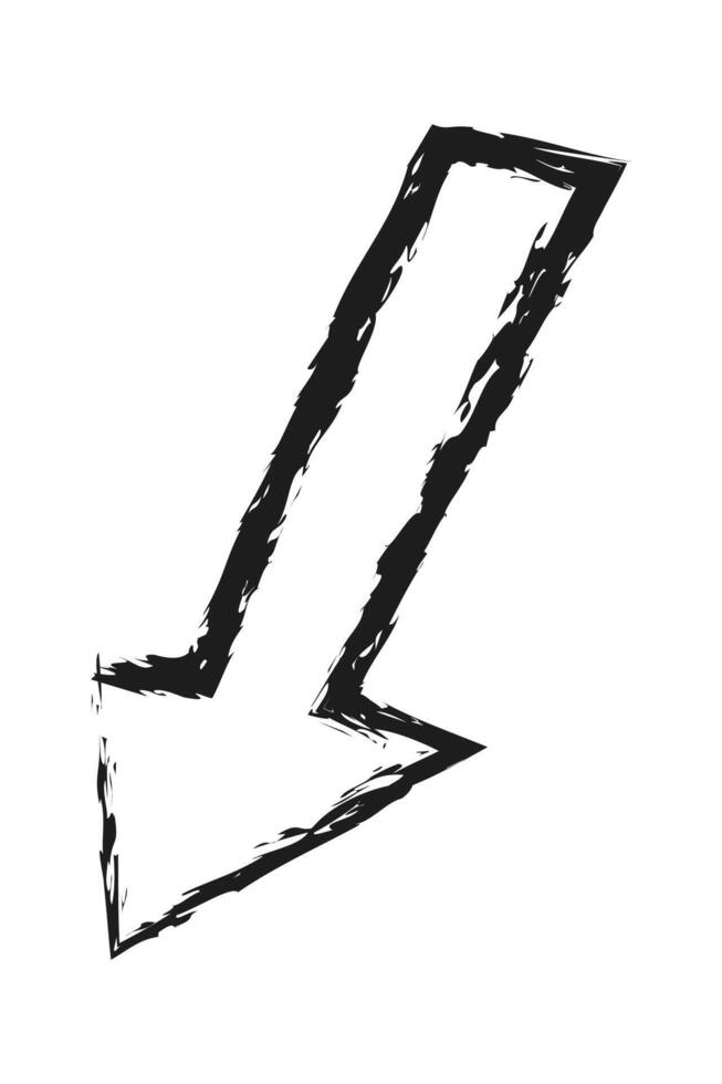 Contour thick arrow down left. Hand drawn charcoal arrow. vector